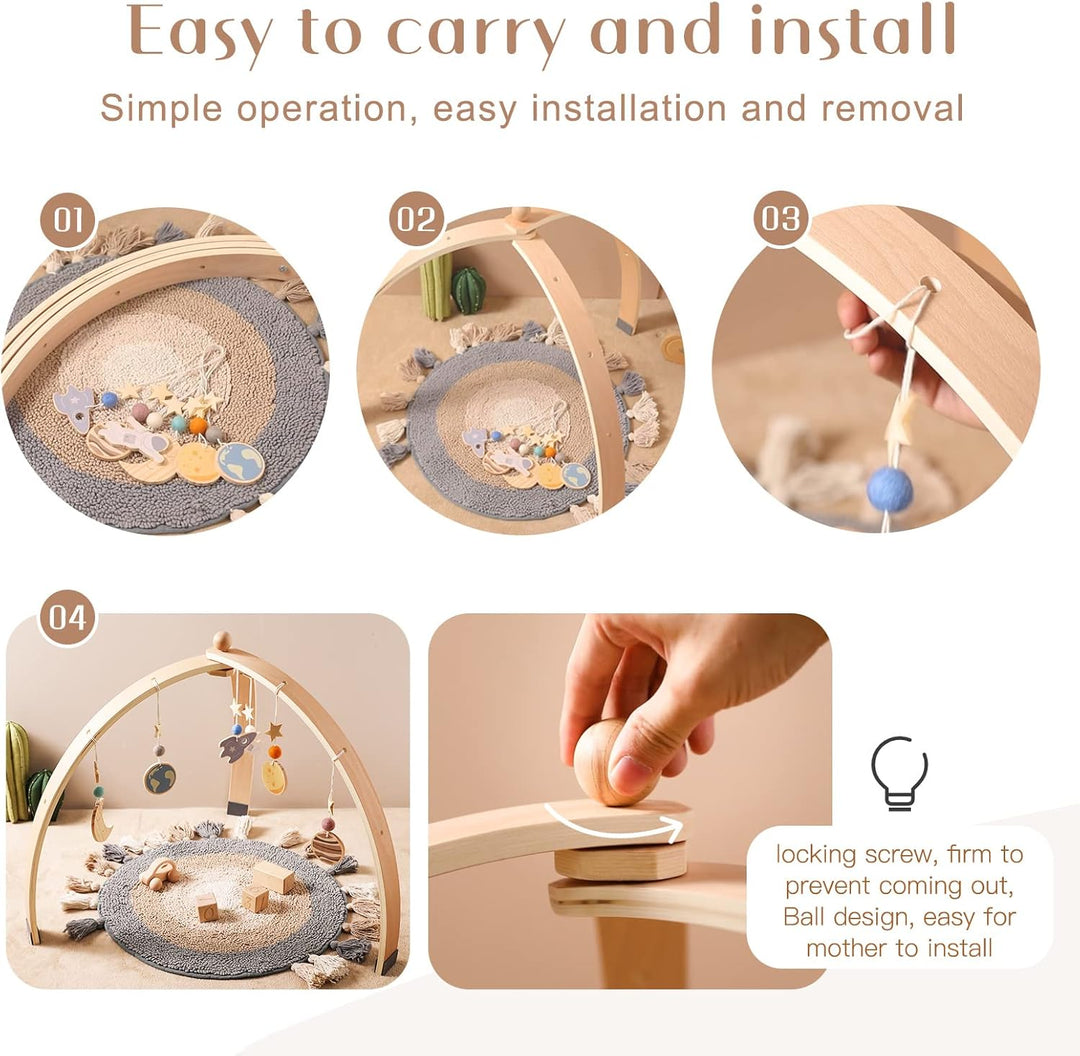 WOODEN TEETHER Spielbogen Baby aus Holz mit 5 abnehmbaren sensorischen Spielzeugen | Montessori Spie