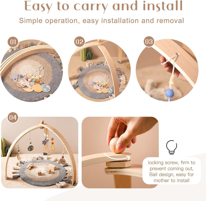 WOODEN TEETHER Spielbogen Baby aus Holz mit 5 abnehmbaren sensorischen Spielzeugen | Montessori Spie