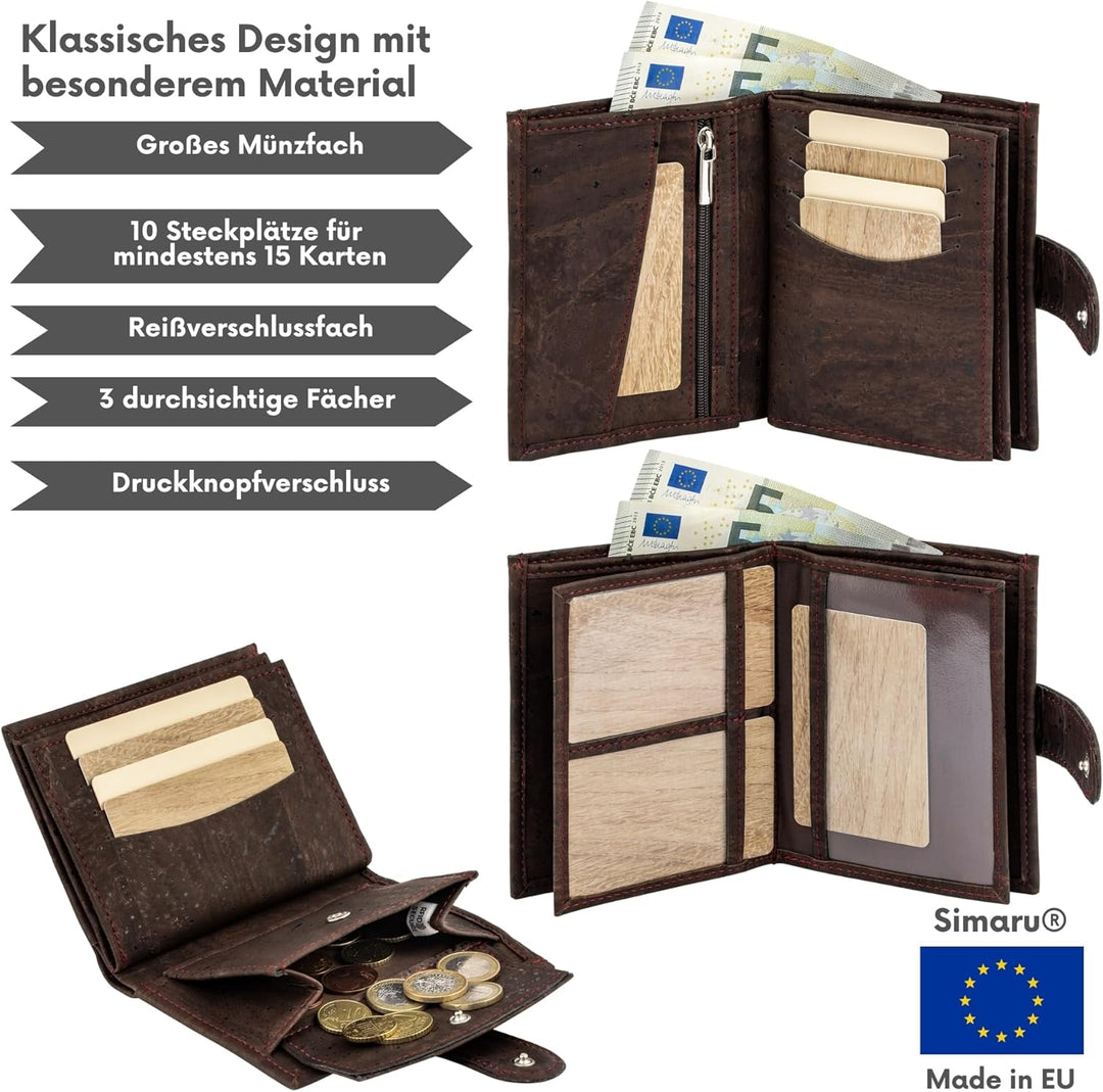 Simaru Damen Geldbörse aus Kork mit RFID-Schutz, Veganes Portemonnaie für 10+ Karten, Scheine & Münz