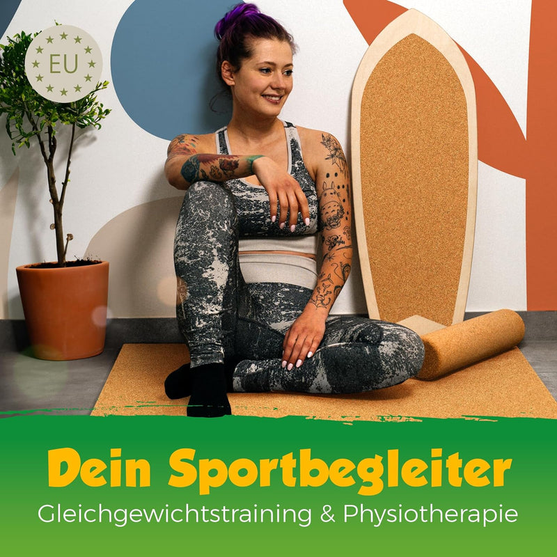Balance-Board mit Korkpads & Korkrolle | 70 x 30 cm | Gleichgewichtsbrett | Wackel-Brett | Koordinat
