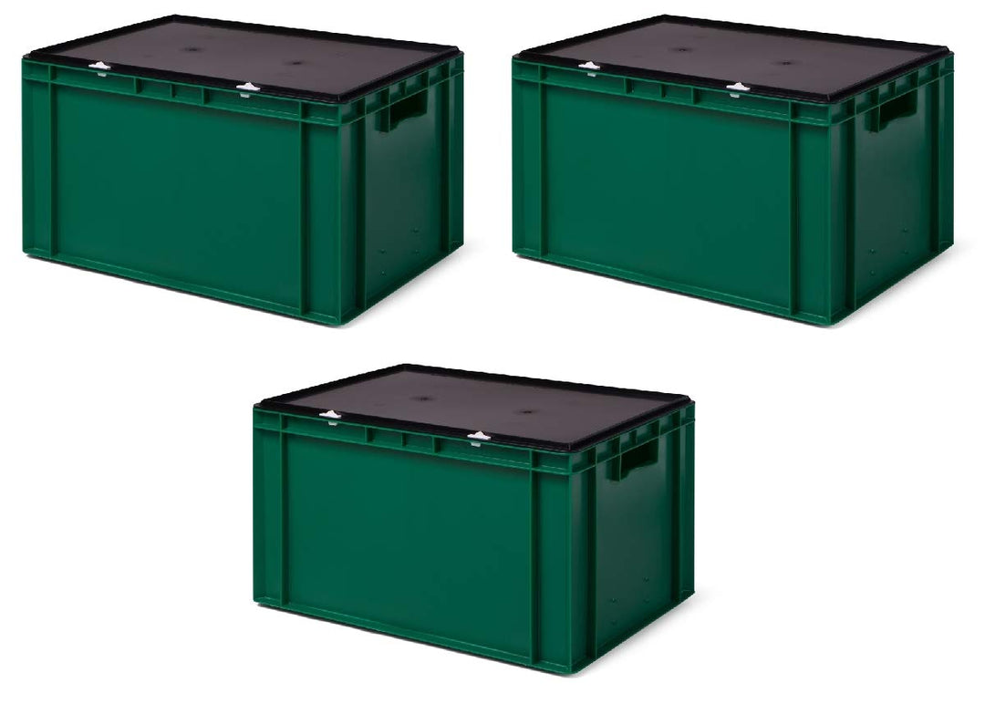 3 Stk. Transport-Stapelkasten mit Deckel TK632-D, grün, 600x400x331 mm (LxBxH), aus PP, Volumen: 60