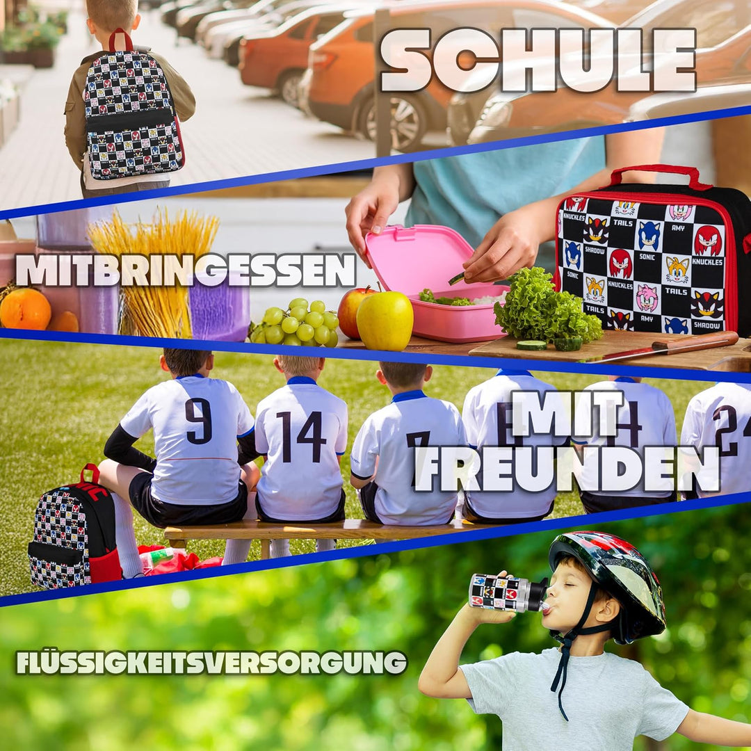 Get Trend Sonic THE Hedgehog Rucksack Kinder Jungen 4er Set mit Trinkflasche Kinder Federmäppchen Lu