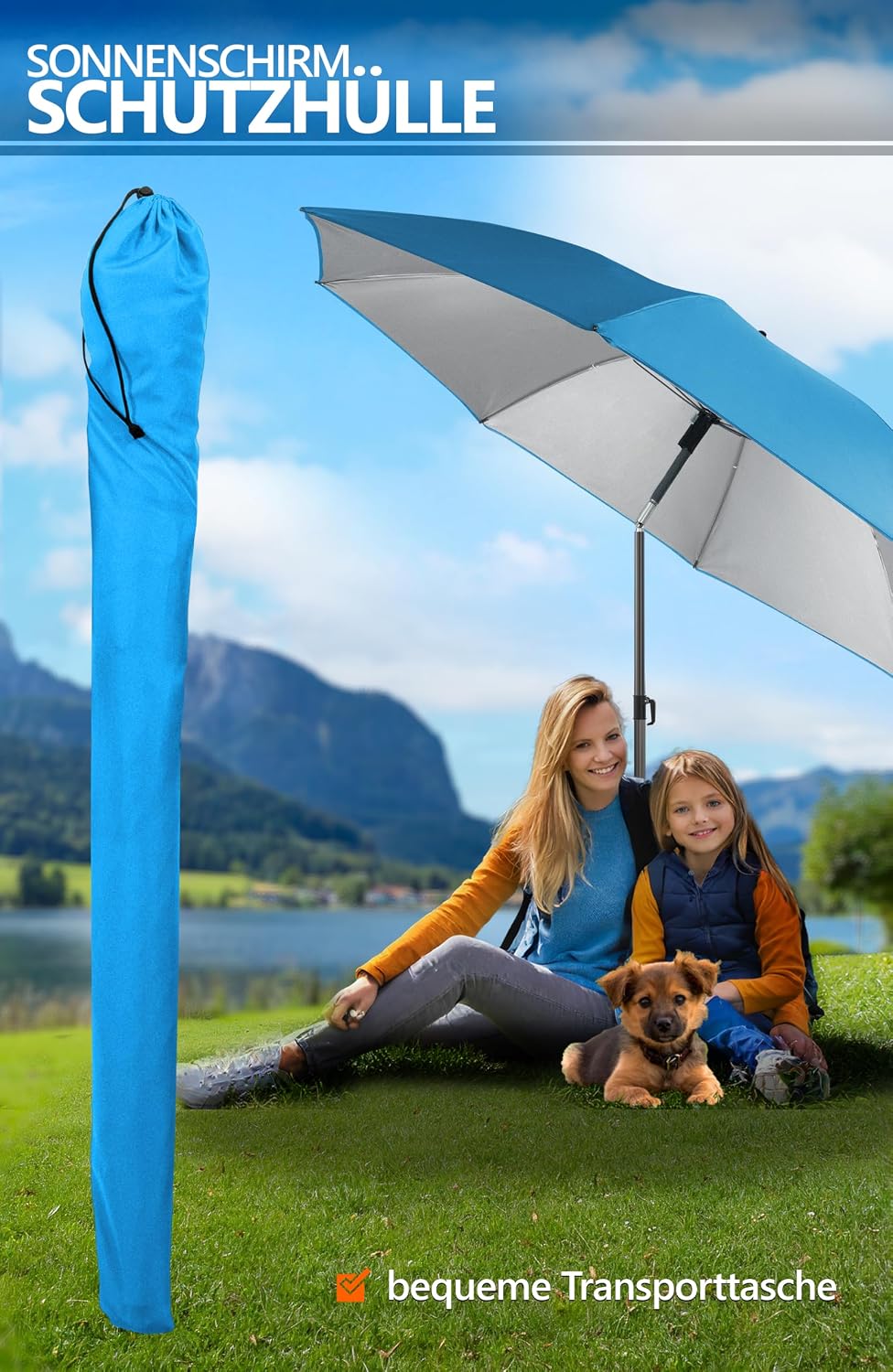 4smile Sonnenschirm Strand SunnyJoy, 3-in-1 SET, Blau - UPF 50+ Strandschirm Ø 180 cm + Sonnenschirm