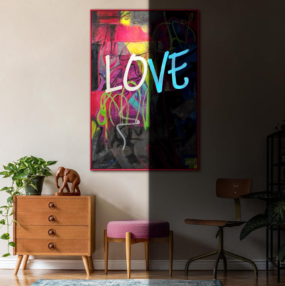 YS-Art XXL Abstrakt Fluoreszierendes selbst leuchtendes Acryl 3D Gemälde auf Leinwand Love handgemal