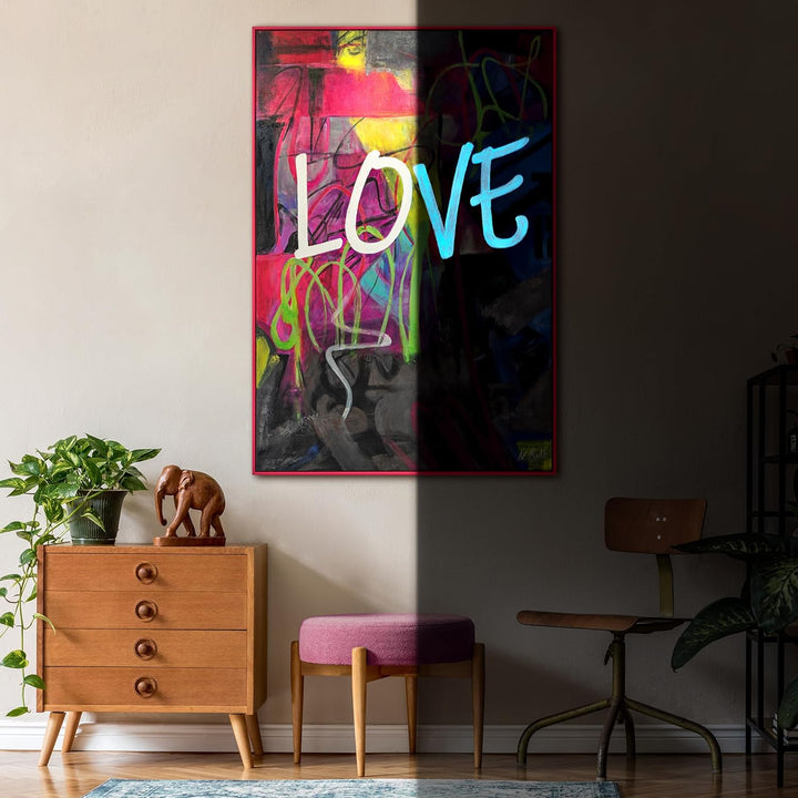 YS-Art XXL Abstrakt Fluoreszierendes selbst leuchtendes Acryl 3D Gemälde auf Leinwand Love handgemal