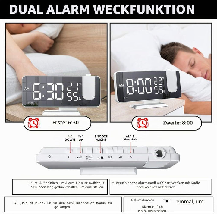YUNYODA Projektionswecker, digitaler LED-Wecker mit Spiegelfläche, USB-Ladeanschluss, Wiederholung,