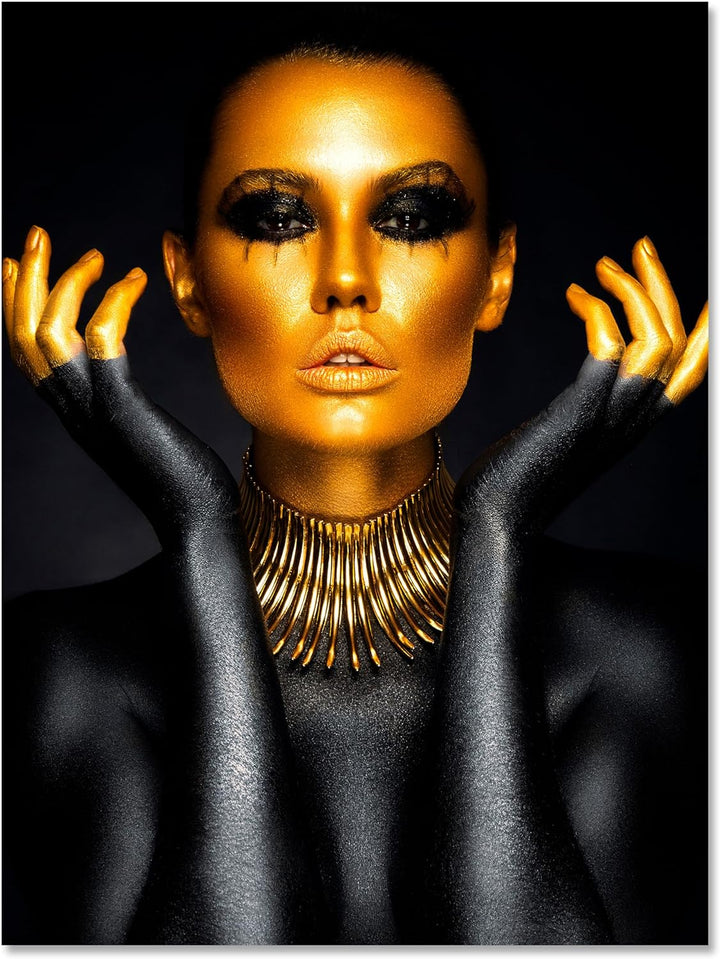 wandmotiv24 Leinwand-Bild Gold Collection, Grösse 60x45cm, Hochformat, Frau in Gold & Schwarz, Top-M