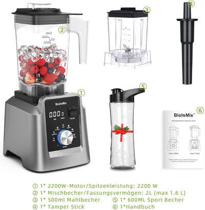 BioloMix Hochleistungsmixer 2200W,Selbstreinigungsfunktion,Standmixer 2L Behälter und 600ml Reisebec