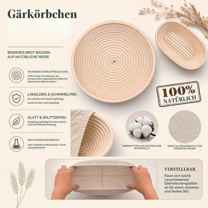 17 Stück Sauerteig Starter Set mit Gärkörbchen (2 Stück, 25cm), Gärkorb Brot Brotbackzubehör Mit Sau