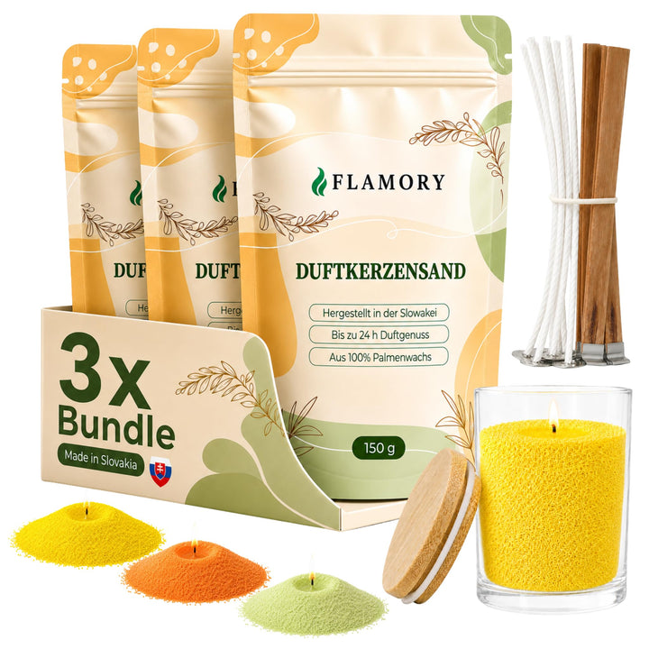 Kerzensand mit Duft Starter Set 3x150g inkl. Glas &amp; Deckel – [Orange/Citronella/Verbena] – 9 Dochte