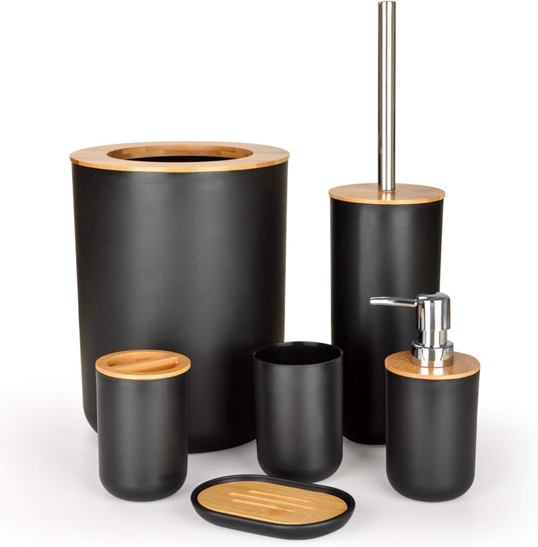 Badezimmer-Zubehör-Set aus Bambus, Waschraum-Zubehör-Set, Lotion-Flaschen, Zahnbürstenhalter, Zahnbe