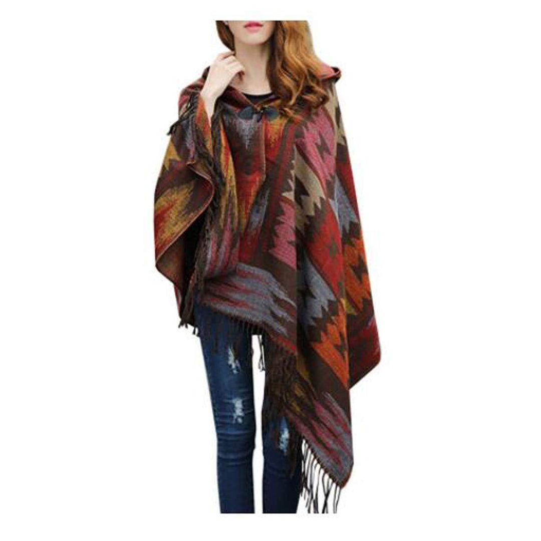 MeiPing Damenmode Croissant Button Bohemian Fringe Blended Kaschmir Kapuzen Cape Kaffee 1, Kaffee 1