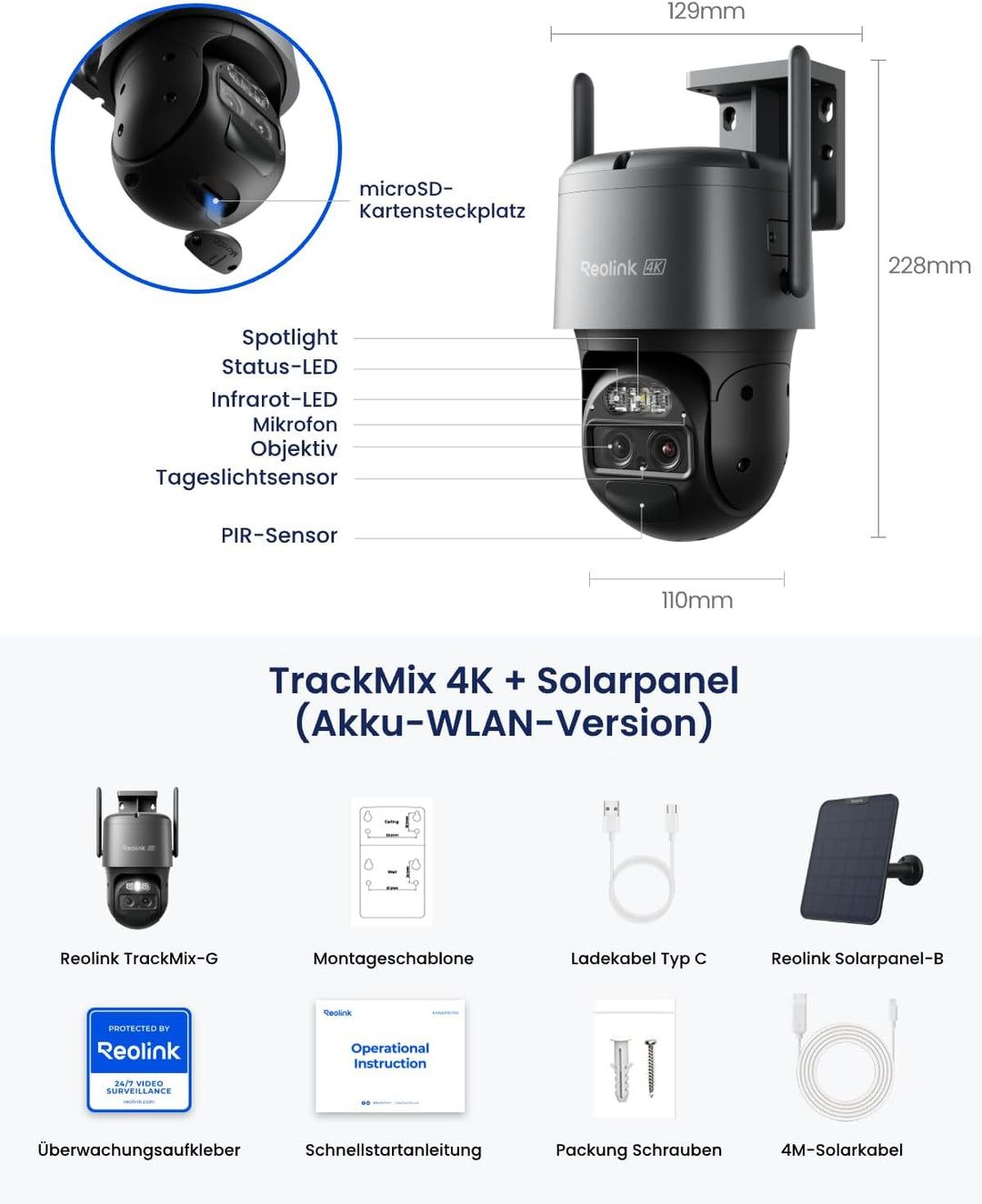 Reolink 4K PTZ Überwachungskamera Aussen Akku mit Auto-Tracking &amp; Auto-Zoom | Dual Lens, Dual-Band W