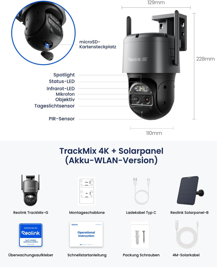 Reolink 4K PTZ Überwachungskamera Aussen Akku mit Auto-Tracking &amp; Auto-Zoom | Dual Lens, Dual-Band W