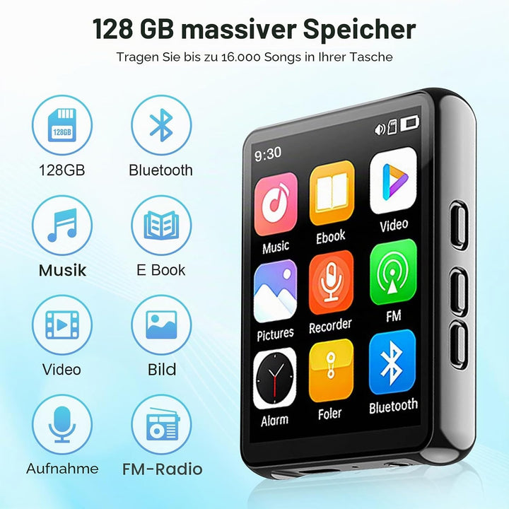 128GB MP3 Player mit Bluetooth -Tragbarer Musikplayer mit Lautsprecher, MP3 &amp; MP4 Player, 2.4" Full
