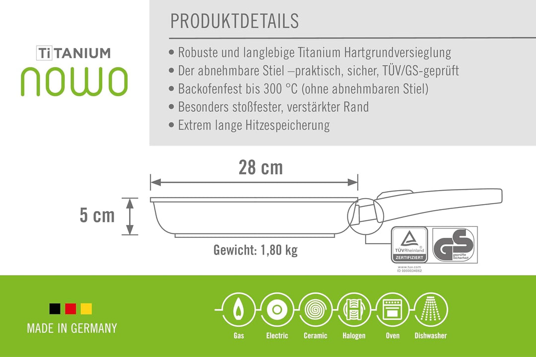 Woll Nowo Titanium Flachpfanne, Ø 28 cm, 5 cm hoch, mit abnehmbarem Stiel - Geeignet für Ceran, Gas,