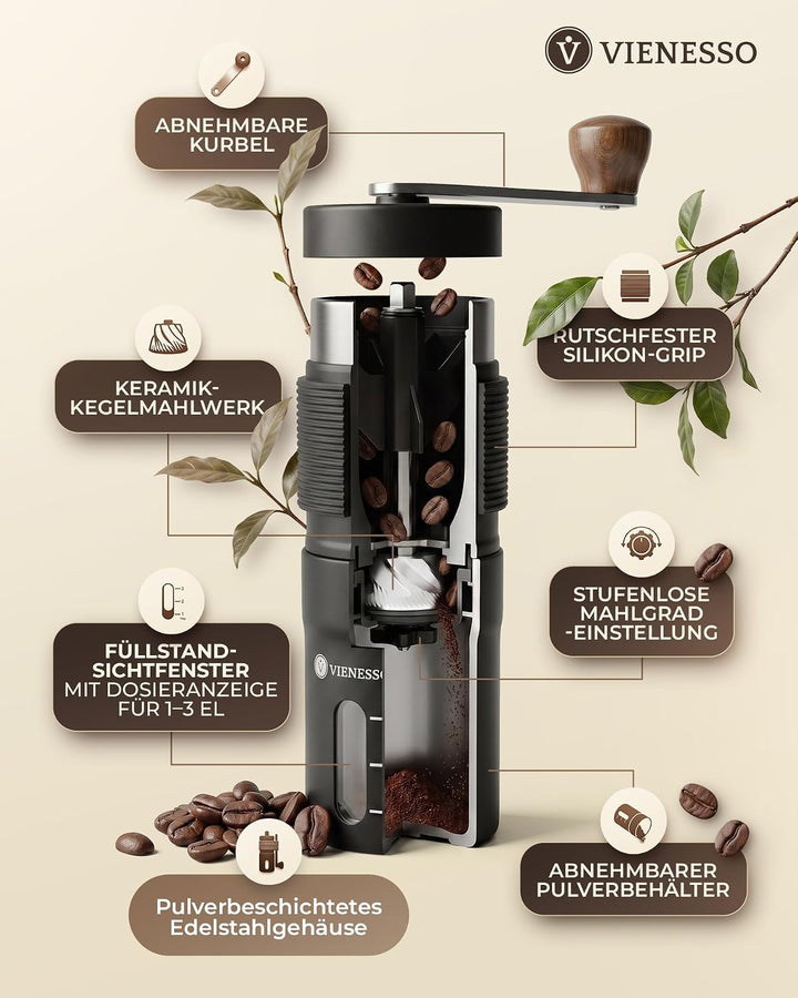 Kaffeemühle Manuell mit Keramikmahlwerk | Kompakte Handkaffeemühle mit stufenloser-Mahlgradeinstellu