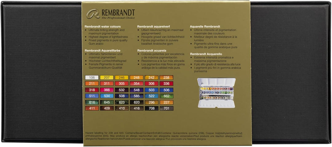 Rembrandt Watercolour Box estuche de metal 36 medias pastillas + 1 pincel selección general de color