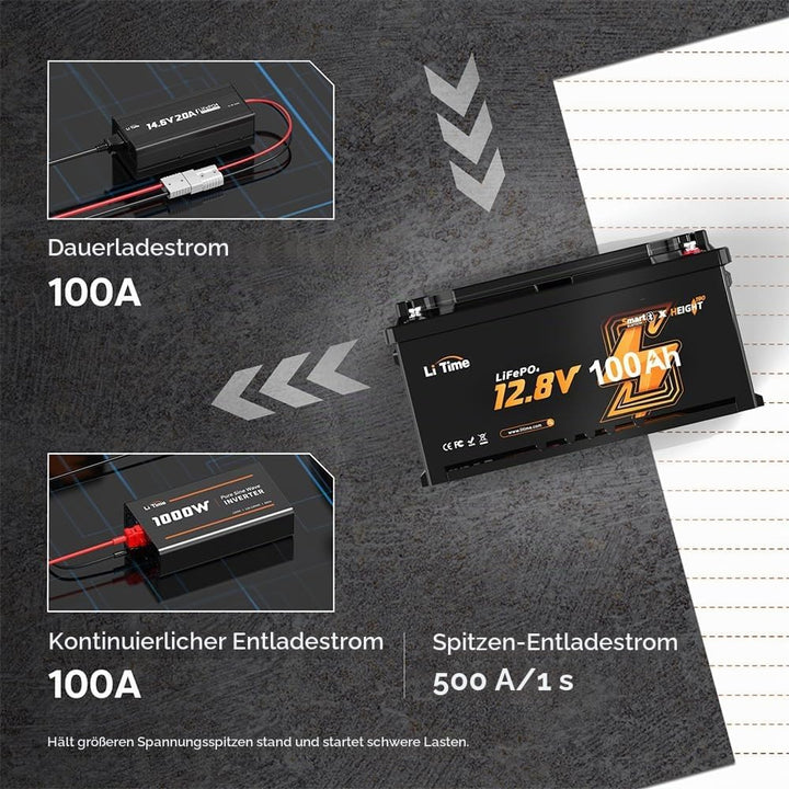 LiTime 12V 100Ah LiFePO4 Wohnmobil Batterie mit Bluetooth &amp; 100A BMS, Tieftemperaturschutz, 4000-150