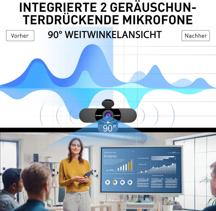EMEET Full HD Webcam - C960 Kit 1080P Webcam mit Objektivabdeckung & Dual Mikrofon, 90 ° Streaming K