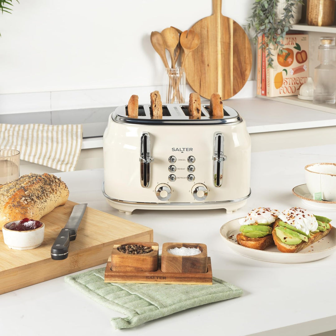 Salter Retro Toaster 4 Scheiben – Breite Schlitze, 6 Bräunungsgrad, Auftauen, Aufwärmen, Abbrechen F