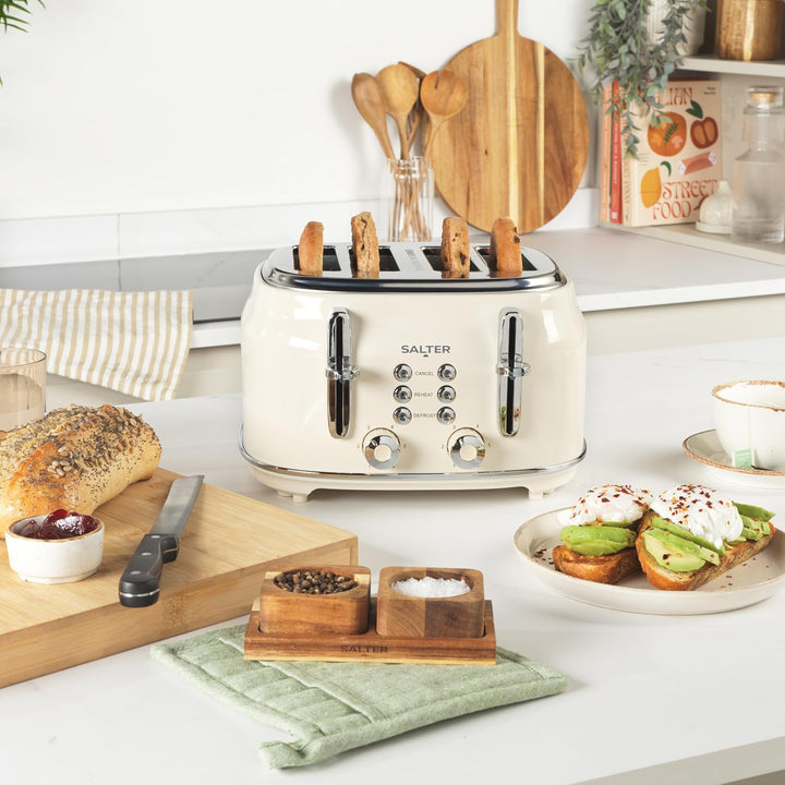 Salter Retro Toaster 4 Scheiben – Breite Schlitze, 6 Bräunungsgrad, Auftauen, Aufwärmen, Abbrechen F