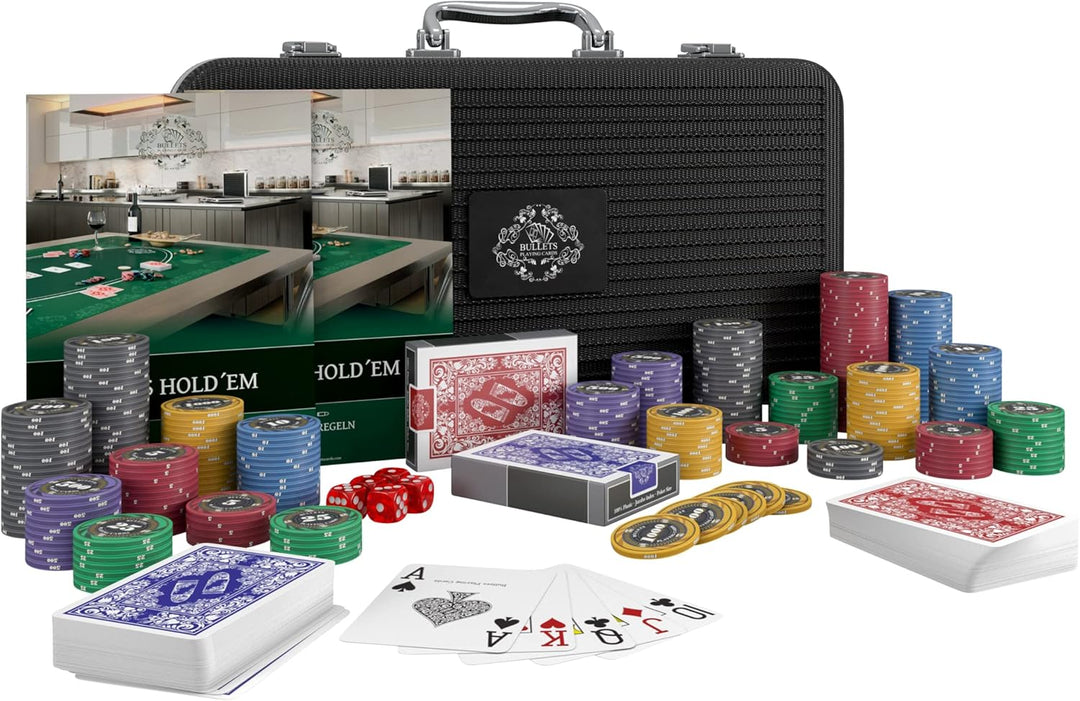 Bullets Playing Cards | Pokerkoffer „Silvio“ mit 300 Keramik Pokerchips 10g | Pokerset mit Karten, W