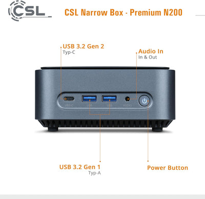 Mini PC CSL Narrow Box Premium Windows 11 Home lüfterlos, Intel N200 4X 3700 MHz, 2000 GB M.2 SSD, 8