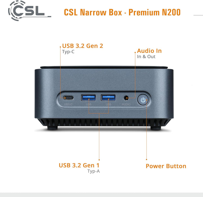 Mini PC CSL Narrow Box Premium Windows 11 Home lüfterlos, Intel N200 4X 3700 MHz, 2000 GB M.2 SSD, 8