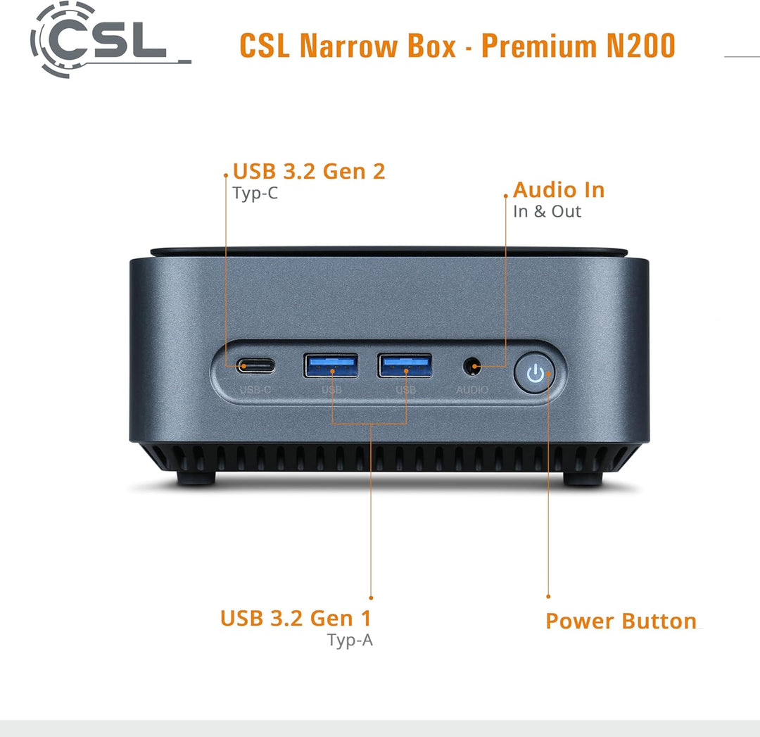 Mini PC CSL Narrow Box Premium Windows 11 Home lüfterlos, Intel N200 4X 3700 MHz Turbotakt, 500 GB M