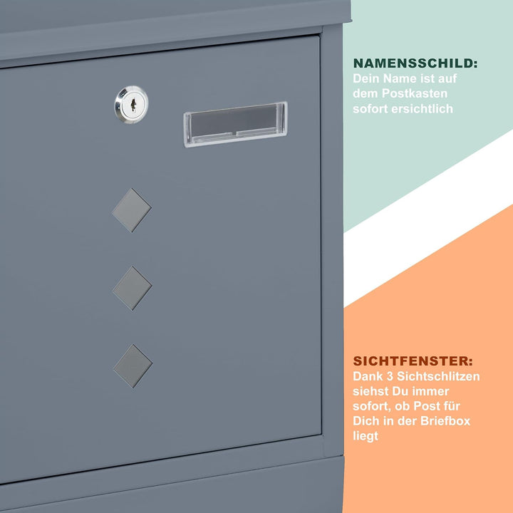 Relaxdays Briefkasten mit Sichtfenster, Metall, 4 Schlüssel, Zeitungsfach, Postkasten, HBT ca. 38 x