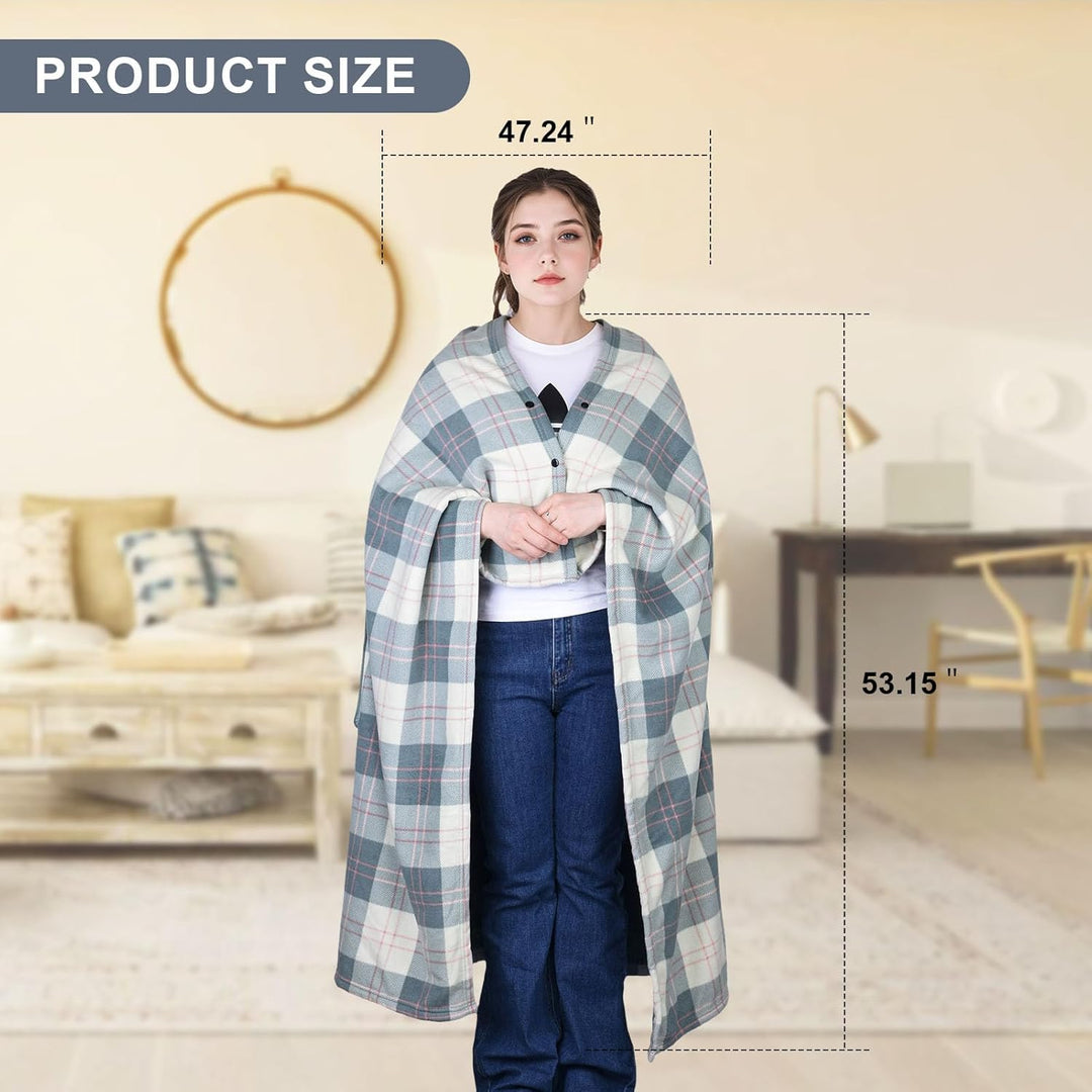 Tragbare Decke Kompaktes Kissen 2-in-1-Schossdecke Damen Poncho Fleece mit Knopf Karierte Tagesdecke
