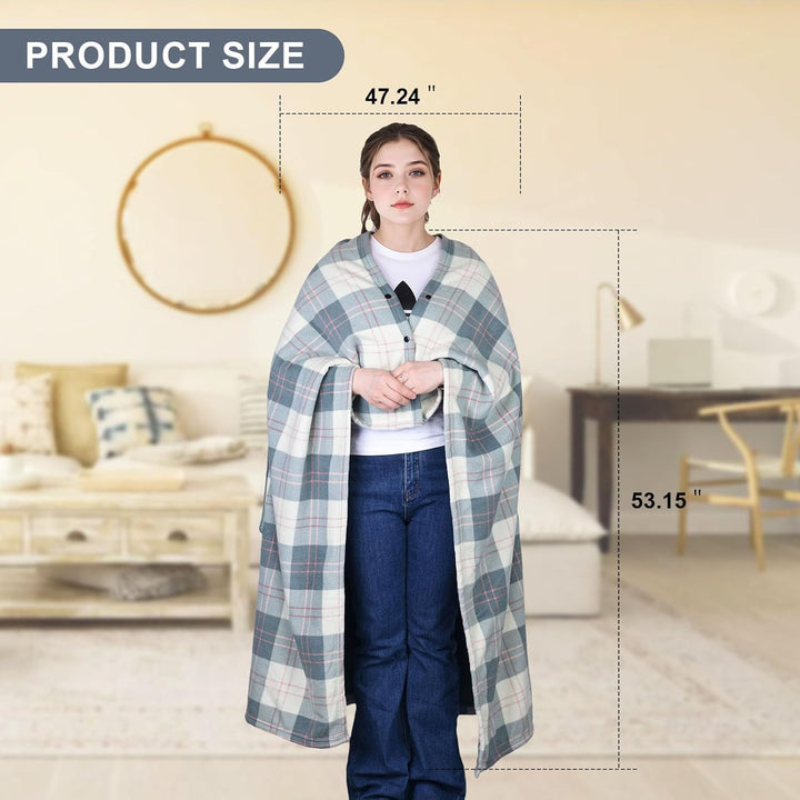 Tragbare Decke Kompaktes Kissen 2-in-1-Schossdecke Damen Poncho Fleece mit Knopf Karierte Tagesdecke