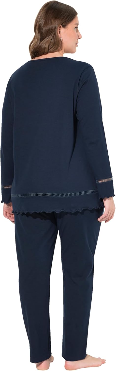 Ulla Popken Damen Pyjama, Hohlsaum, Wellenkanten, Rundhals, Langarm Schlafanzüge, Nachtblau