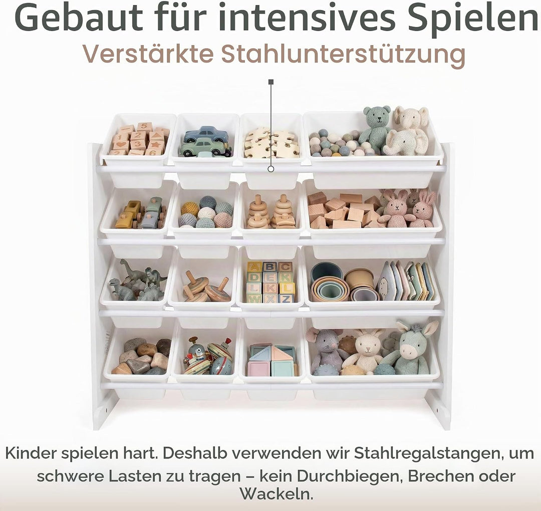 Humble Crew extragrosses Kinderregal aus Holz, Weiss! 16 Kunststoffboxen für Spielzeug, ideal für Ki
