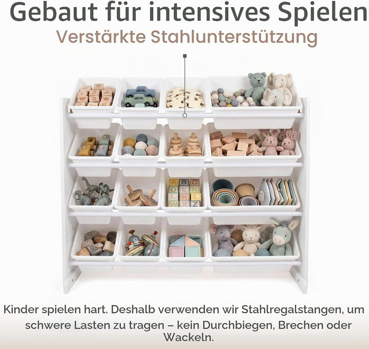 Humble Crew extragrosses Kinderregal aus Holz, Weiss! 16 Kunststoffboxen für Spielzeug, ideal für Ki
