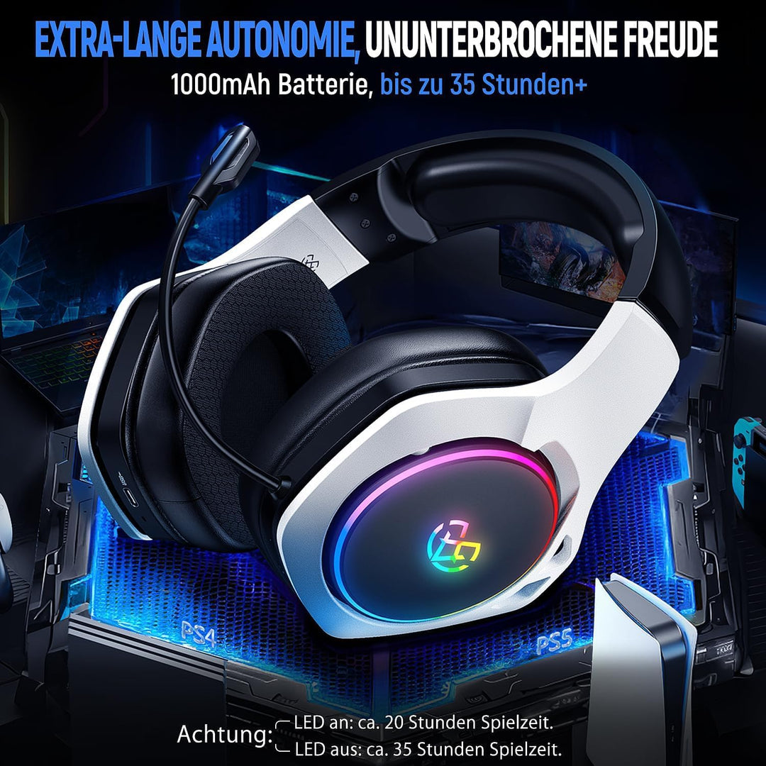 Tatybo Wireless Gaming Headset für Ps5/Ps4/PC/Switch, 2.4GHz & Bluetooth, unter 25 ms Latenz, 35 Std