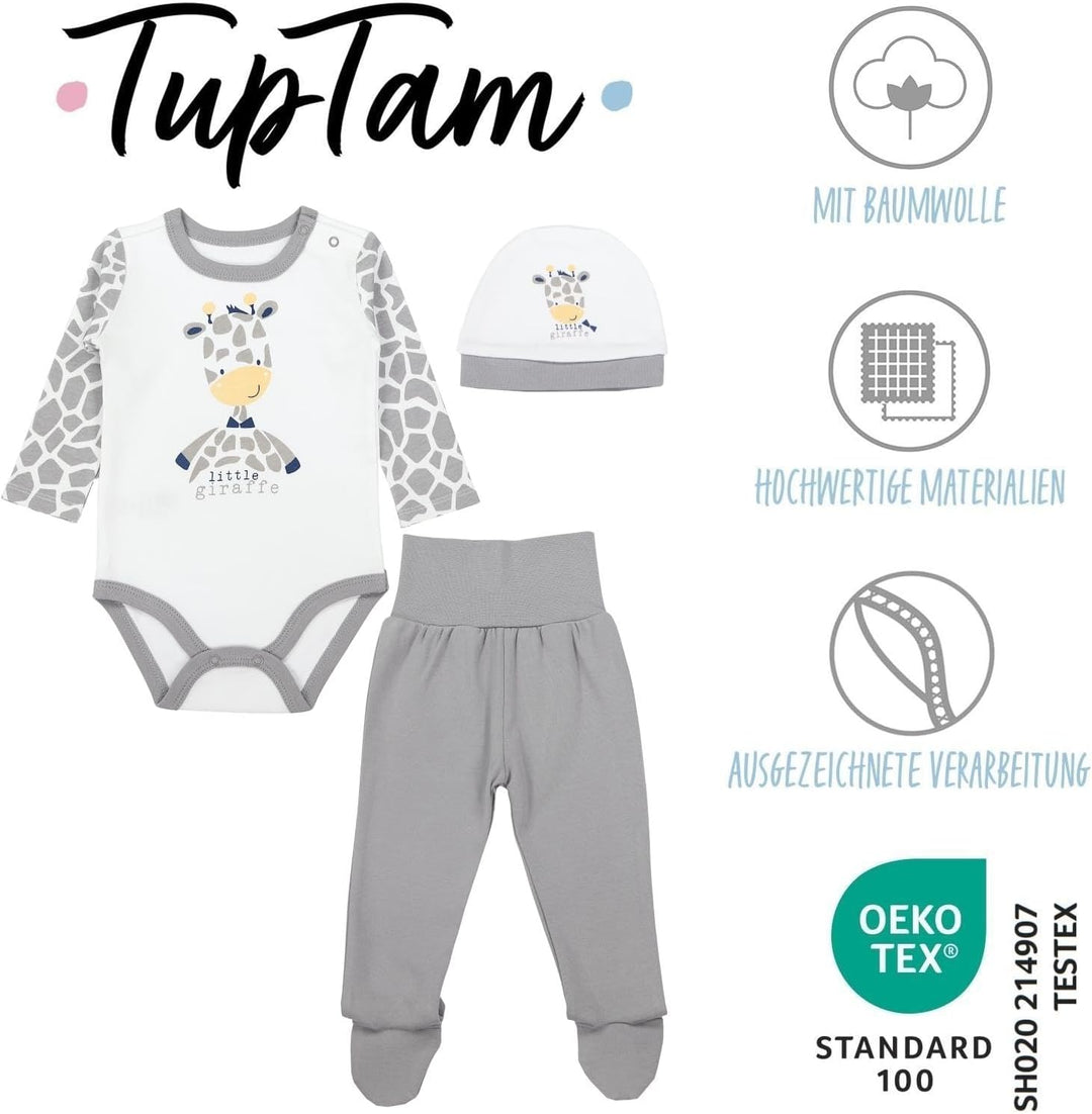 TupTam Baby Mädchen Jungen Bekleidungsset Langarmbody Hose Mütze mit Aufdruck Spruch 3 teilig 68 Gra