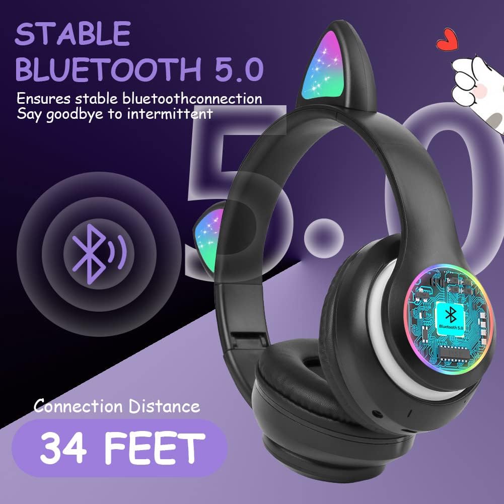 AXFEE Kopfhörer Kinder, Kinderkopfhörer Bluetooth mit Katzenohren, Schwarz | Katzenohr Kopfhörer Ove