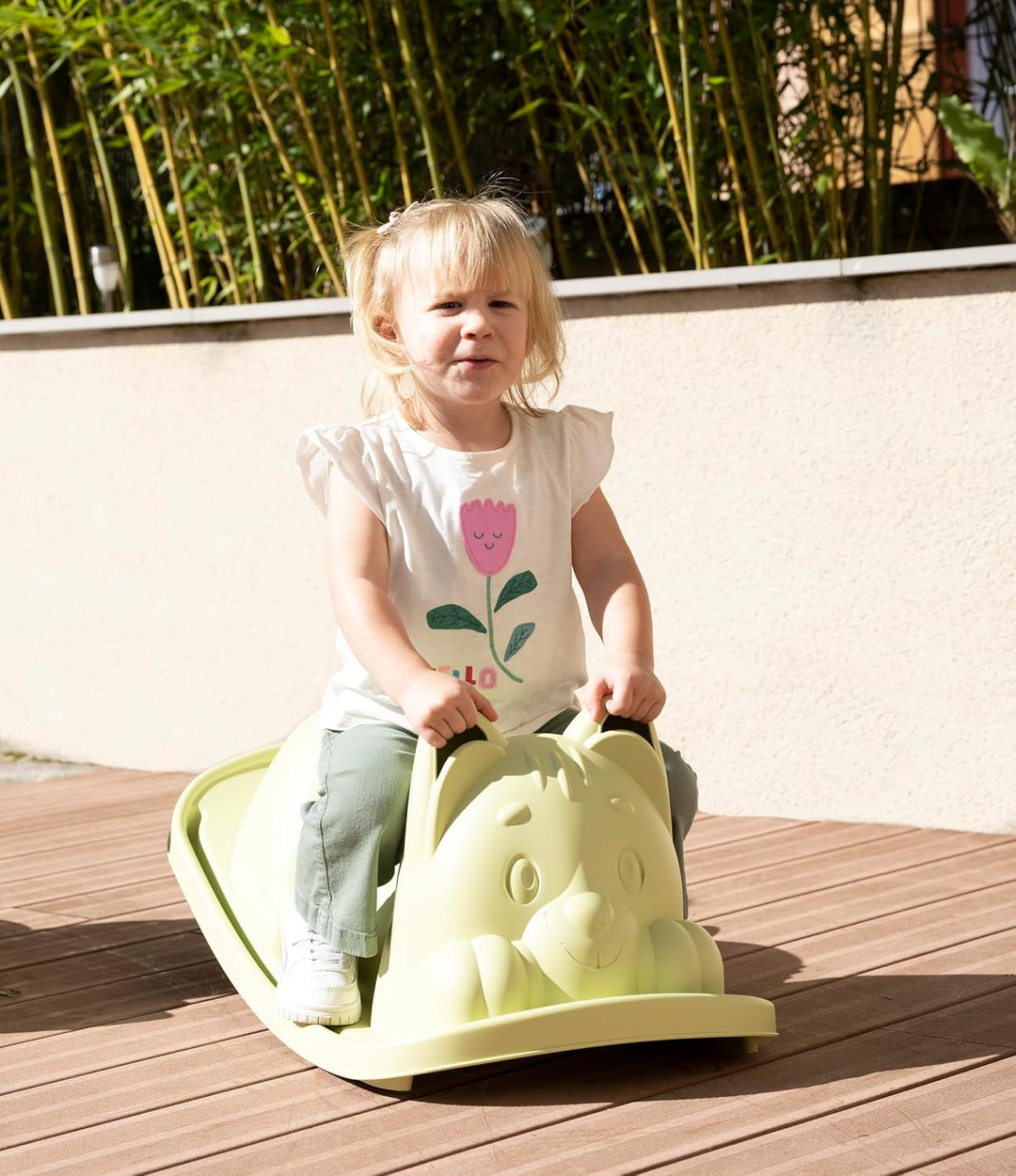 Smoby Life Wippe mit grüner Katze – ergonomische Sitzfläche – Griffe – recyceltes Material – ab 18 M