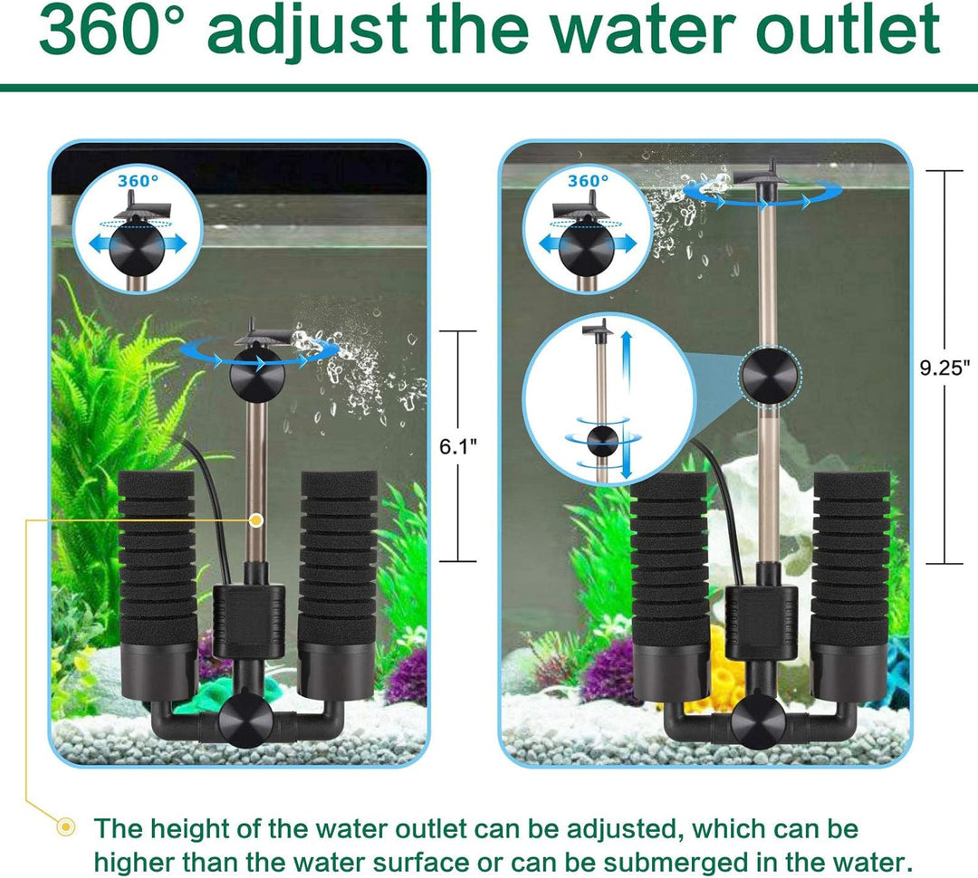 AQQA Aquarium Schwammfilter,3/5W Elektrischer Aquarium Filter,Leiser Tauchschaum Doppelschwammfilter