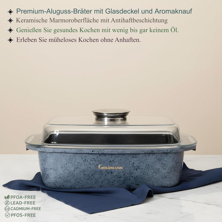 GOLDMANN Premium Bräter 32 CM – 5.5L – Aluminiumguss, Induktion, Antihaft-Marmor-Beschichtung – Aufl