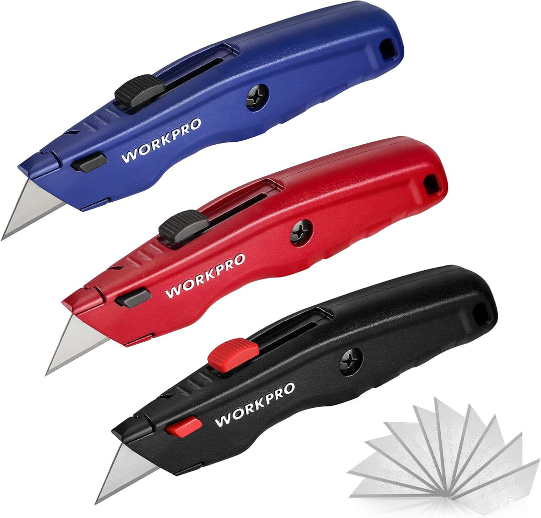 WORKPRO Premium Teppichmesser-Set, Einziehbarer Universalmesser aus Vollmetall, Strapazierfähiger Cu