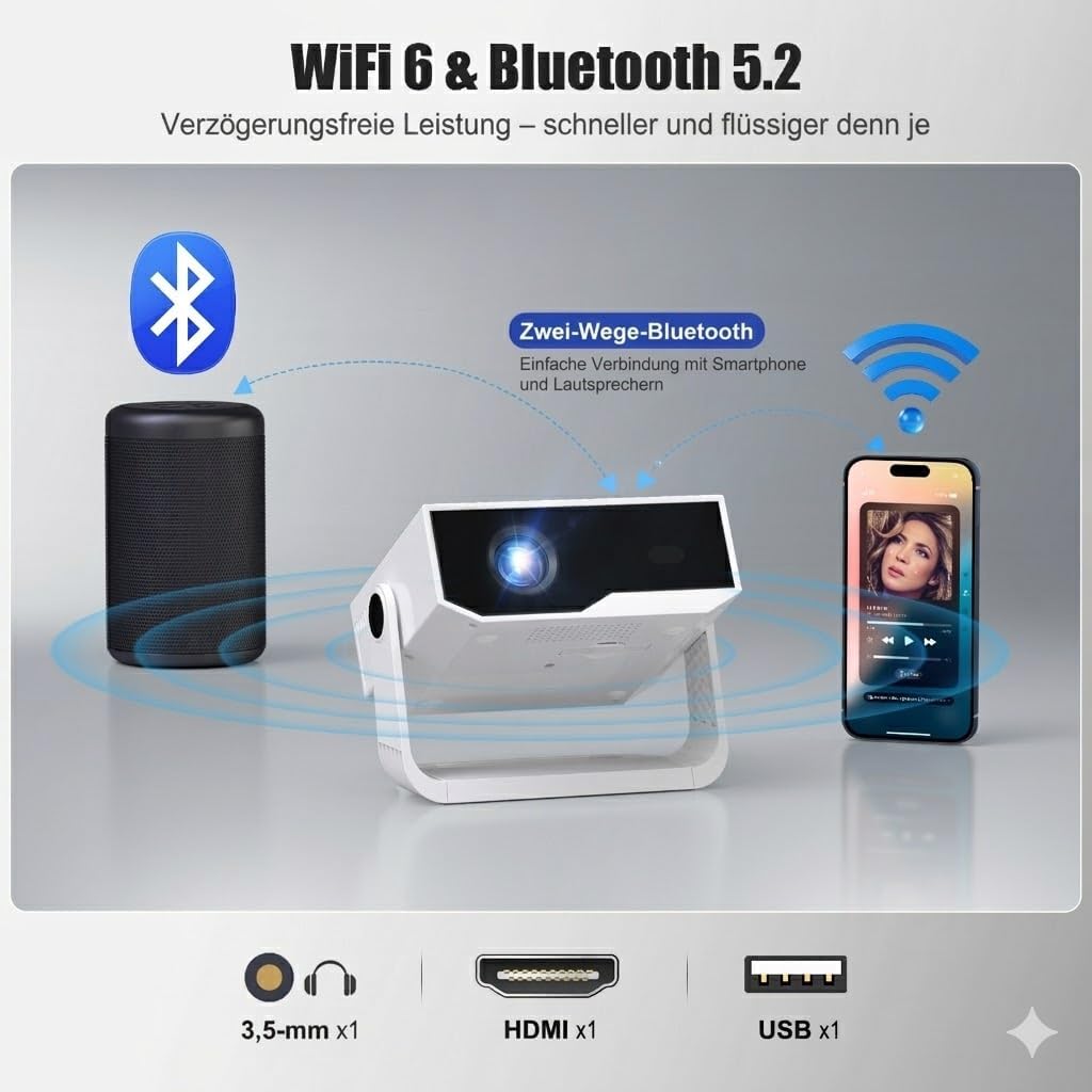 ZDK 2026 Upgrade Smart Beamer Integrierte Apps, Android 14, unterstützt 4K 1080P, Trapezkorrektur, W