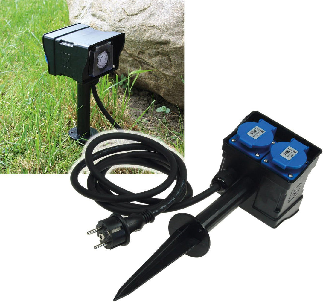 Chilitec Gartensteckdose 2-Fach Aussensteckdose mit Zeitschaltuhr 2m Kabel Erdspiess IP44 230V Strom