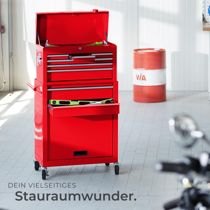 tectake Werkstattwagen Trolley mit Kofferaufsatz, Werkzeug Wagen abschliessbar, 10 Fächer, Mobile We