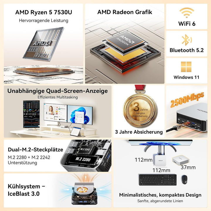 GEEKOM Mini PC A5 Pro 2026 Edition mit AMD Ryzen 5 7530U, 1TB SSD 16GB RAM(Deckt 95% der Nutzer ab)