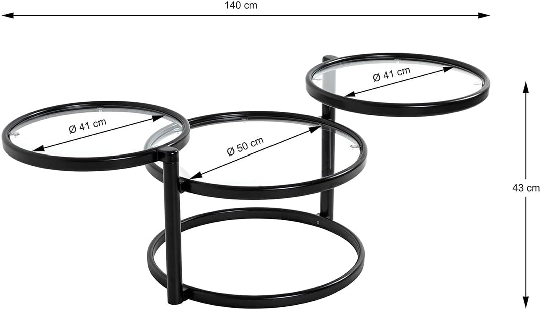 HAKU Couchtisch schwarz, Metall, Sicherheitsglas - Masse: B 58-140 cm x H 43 cm x T 50 cm, Style: Mo