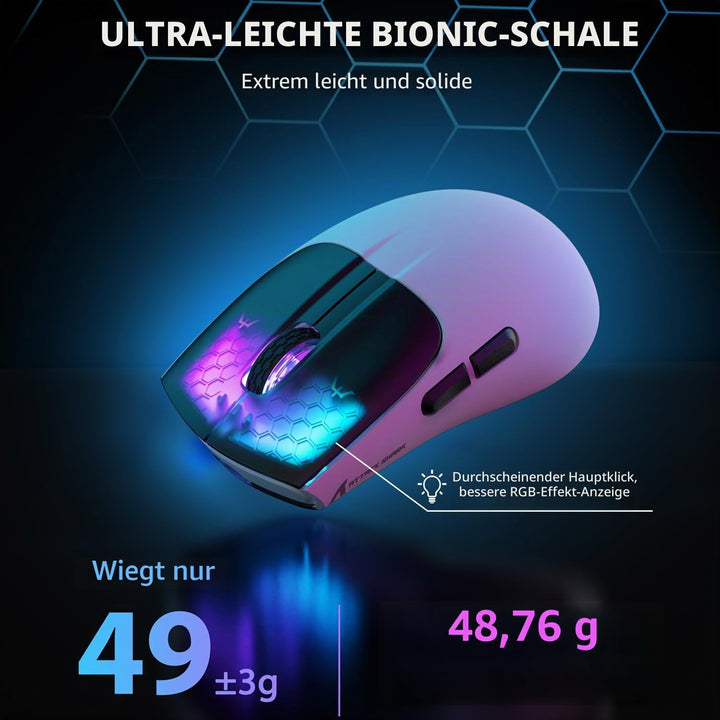 ATTACK SHARK X5 Ultra-leichte kabellose Gaming-Mäuse 49g,Tri-Mode Kabelgebunden/2.4G/BT5.0,PAW3312 P