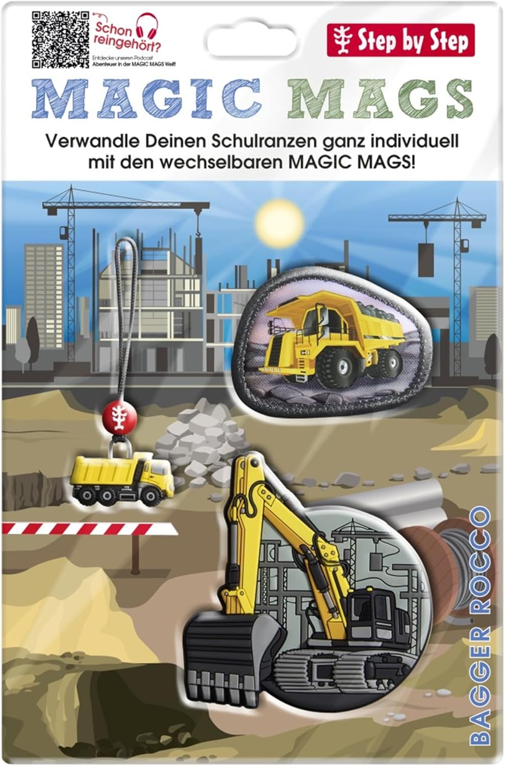 Step by Step Magic Mags „Bagger Rocco“, 3-teilig, 2 Magnet-Applikationen und 1 Anhänger, Baufahrzeug